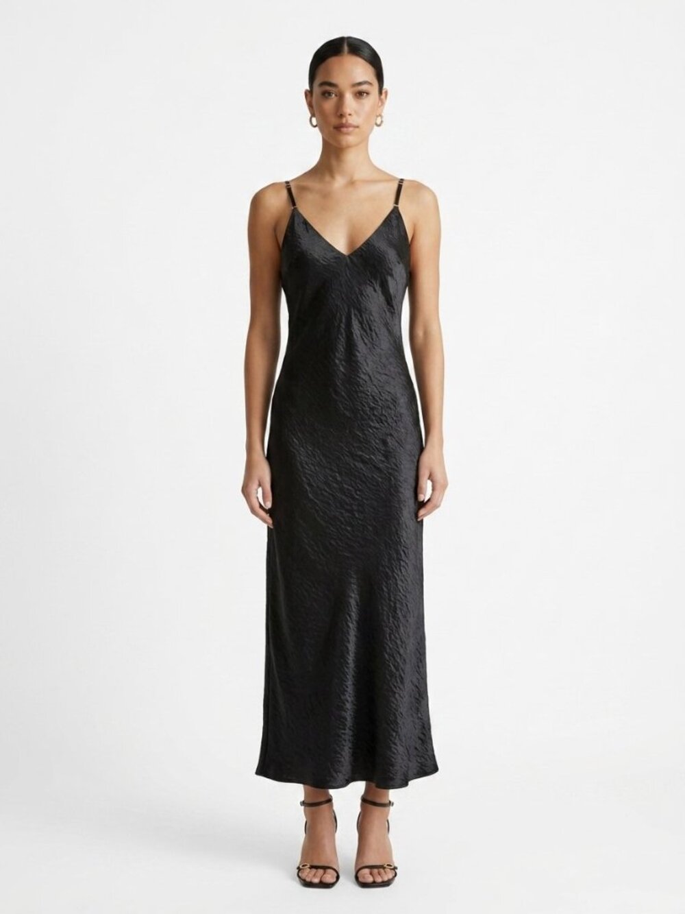 LNA Shine Black Satin Slip Maxi Dress V-Neck Cowl Back Gold Hardware | Size S